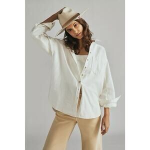 Anthropologie Pilcro Oxford Tunic Shirt Sz M Women's Ivory Linen Cotton